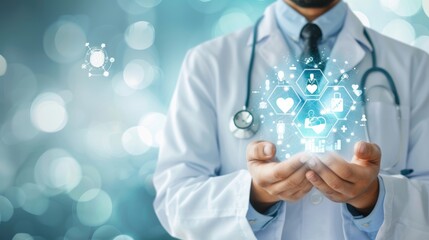 Male doctor holding medical icons symbolizing health insurance in a hospital setting