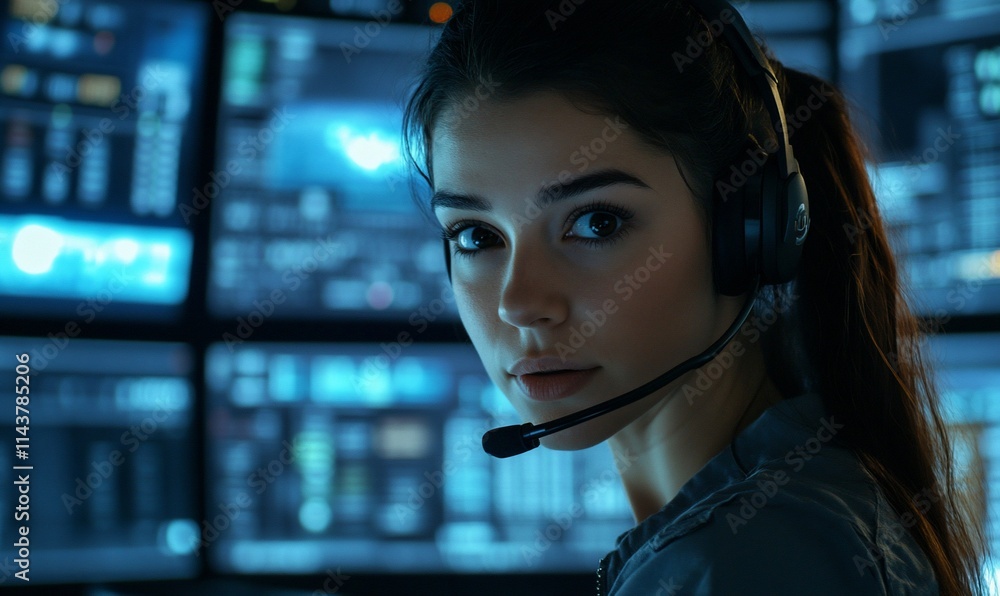 Poster a focused individual wearing a headset in front of multiple screens.