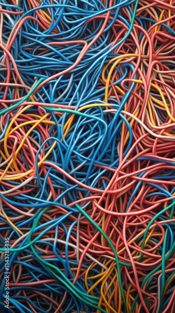 Poster colorful tangle of wires and cables intertwined creating an intricate pattern of blue, red, yellow, 