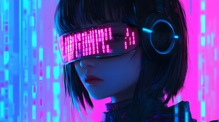 A futuristic cyberpunk-themed woman wearing a glowing digital visor with binary code, set against neon pink and blue lights..