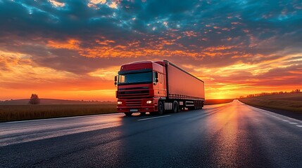 Red truck on highway at sunset. Concept of transportation, logistics, and delivery.