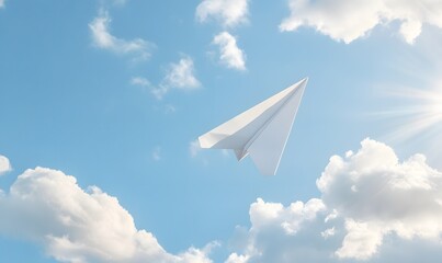 A single paper airplane flying high through fluffy white clouds in a bright blue sky, Generative AI