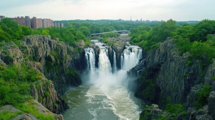 A stunning view of Great Falls cascading down rocky cliffs surrounded by lush greenery on a serene day