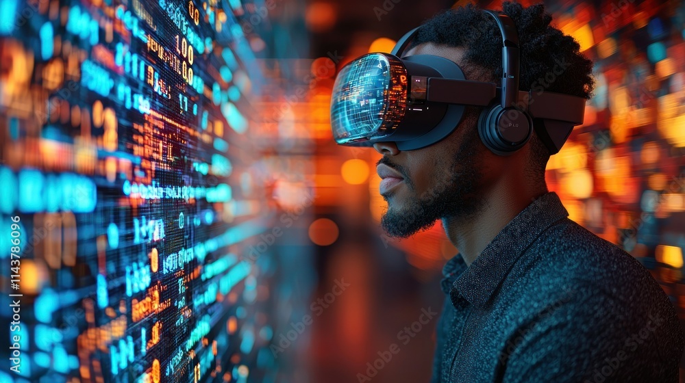 Poster a person using virtual reality technology for immersive experiences.