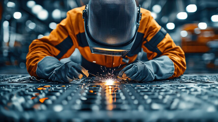 welder in orange and gray suit works meticulously on metal surface, using advanced laser technology to create precise welds. Sparks fly, showcasing intensity of task