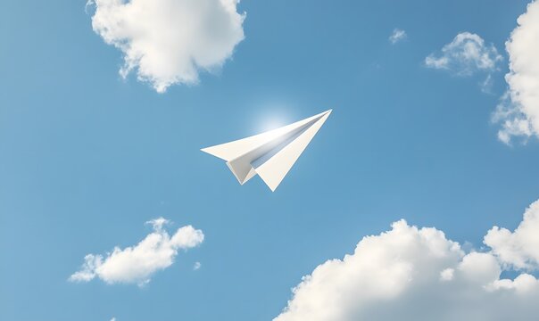A single paper airplane flying high through fluffy white clouds in a bright blue sky, Generative AI