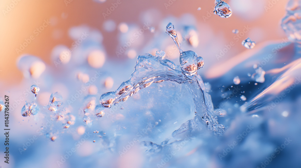 Poster close-up of water droplets splashing mid-air, illuminated by warm golden light, creating a dynamic a
