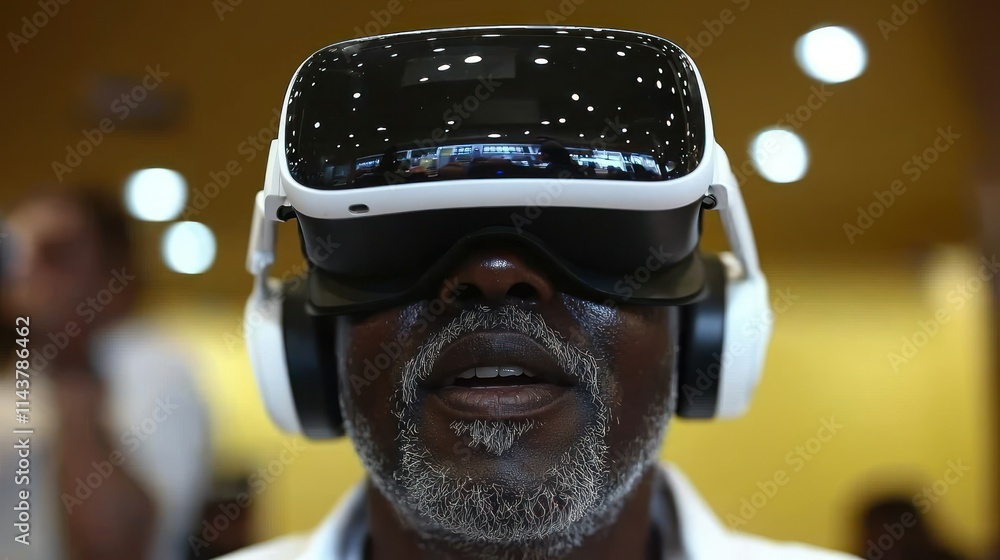 Poster man using virtual reality headset in a modern setting.