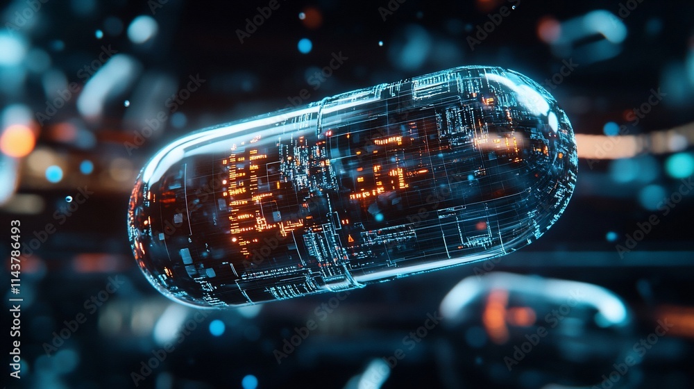Aufkleber a futuristic capsule displaying intricate digital circuitry and glowing elements.