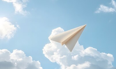 A single paper airplane flying high through fluffy white clouds in a bright blue sky, Generative AI