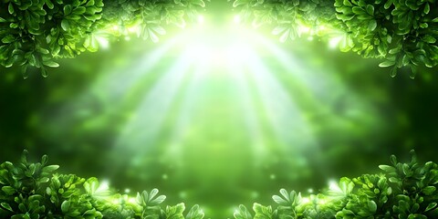 A bright green background framed by lush foliage and soft rays of light, creating a serene, nature-inspired atmosphere. Concept Nature-Inspired Background, Lush Foliage, Soft Light Effects