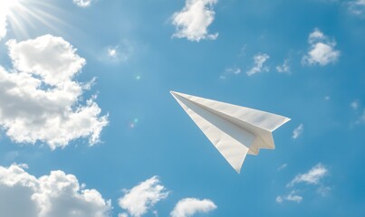 A single paper airplane flying high through fluffy white clouds in a bright blue sky, Generative AI