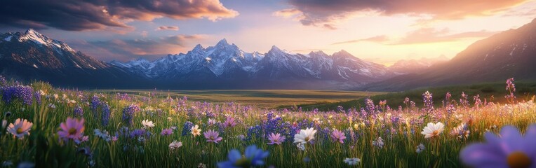 Fototapeta premium A vibrant display of wildflowers blankets Teton Valley with majestic mountains at sunset