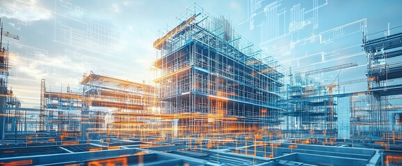 A futuristic construction site with digital overlays illustrating design plans.