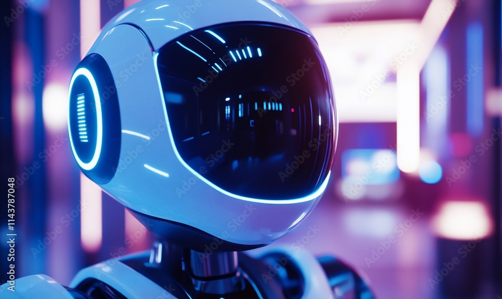 Poster a futuristic robot with a sleek design and glowing accents in a neon-lit setting.