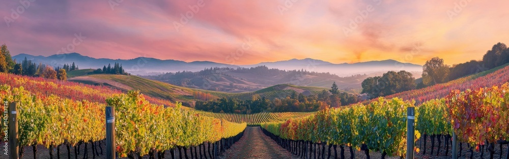 Poster stunning sunset view of vibrant vineyards in napa valley showcasing lush rows of grapevines and dist