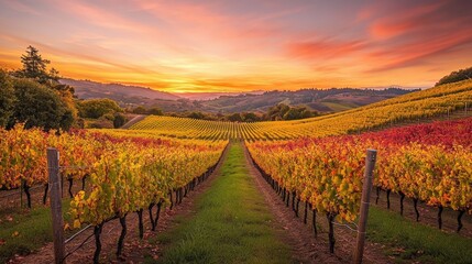 Naklejka premium A stunning sunset over the colorful vineyards of Napa Valley showcasing the beauty of autumn foliage and the charm of wine country