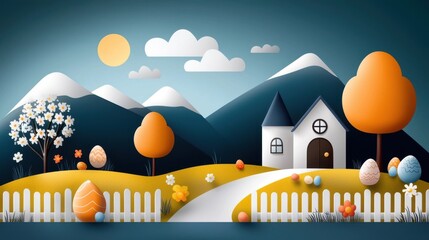 Obraz premium Picturesque autumnal landscape featuring a cozy country house nestled among rolling hills vibrant trees and a winding path leading through a tranquil rural setting