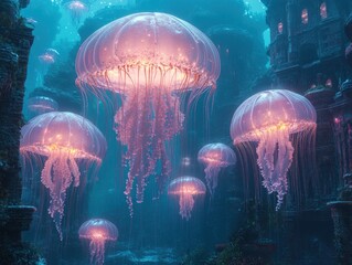 Bio-luminescent jellyfish illuminate an underwater, ancient city.