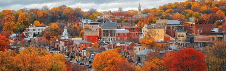 A picturesque autumn view of the charming town of Galena, showcasing vibrant foliage and historic architecture