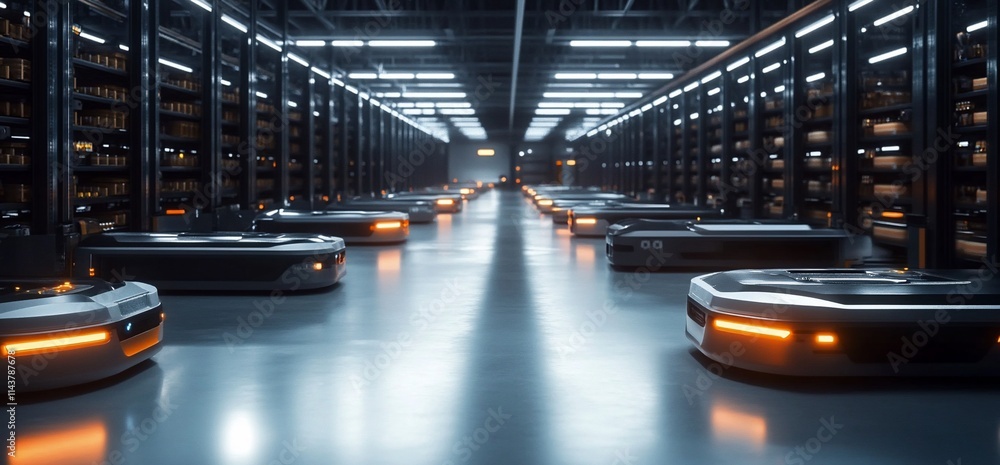 Poster a futuristic warehouse with automated robots navigating through shelves.