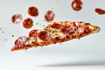 delicious tasty slice of pepperoni pizza flying on white background