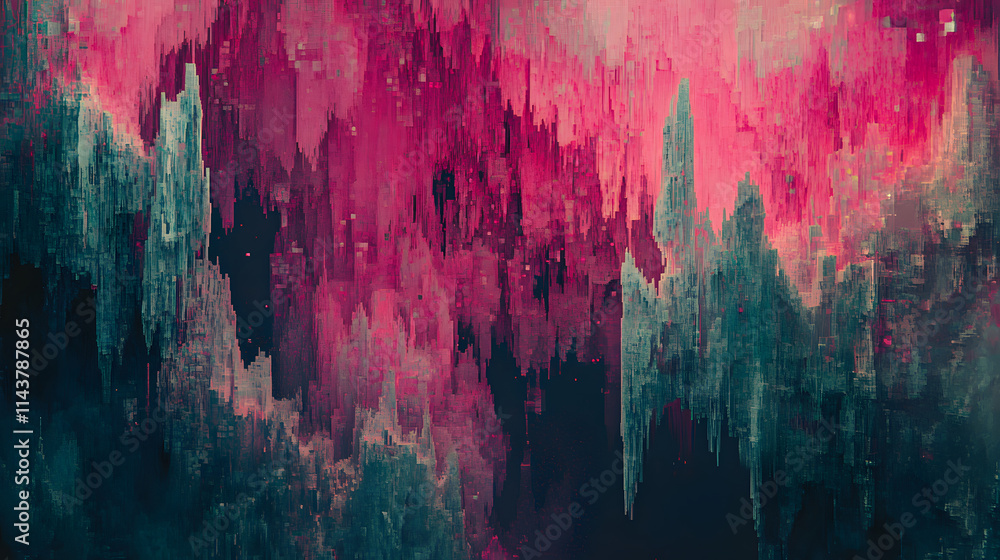 Poster a bold and dynamic abstract glitch-inspired composition with diagonal lines and vibrant colors of pi
