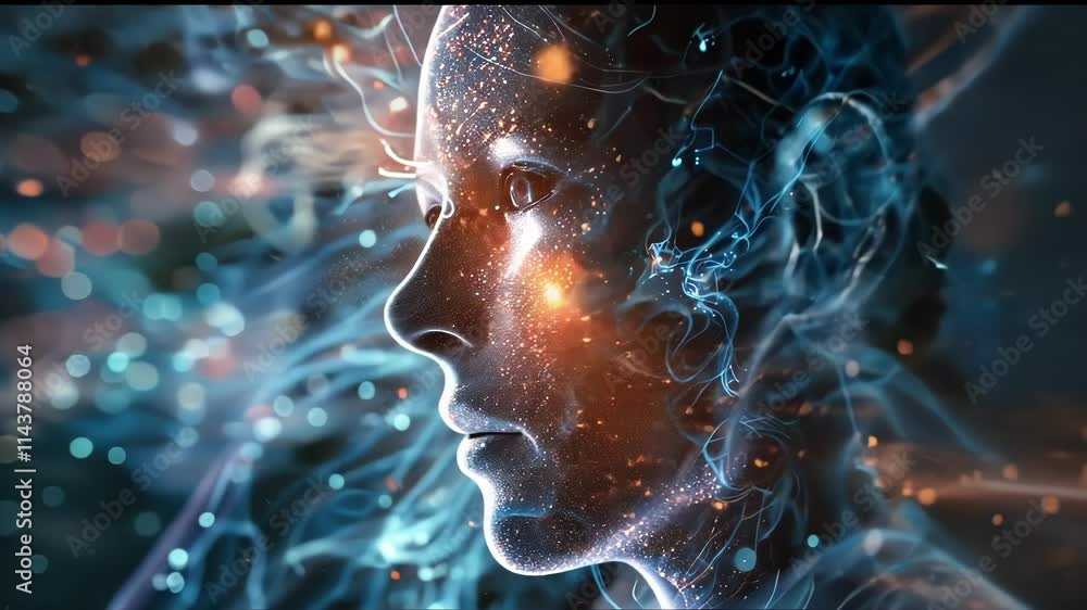 Aufkleber artificial intelligence face is emerging from big data flow with glowing particles and lines, symbol