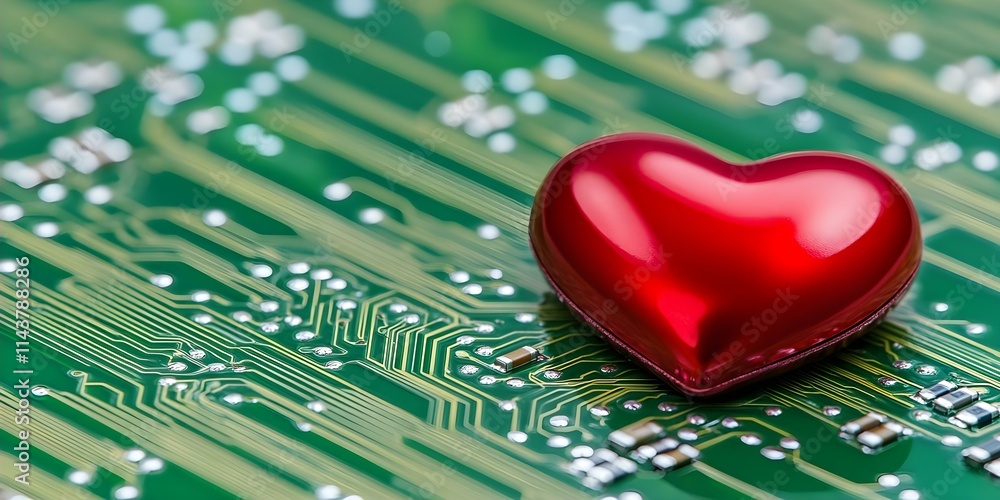 Aufkleber a red heart shape placed on a green circuit board background, symbolizing the connection between tec