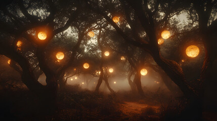 A hauntingly beautiful forest with twisted trees and floating golden spheres glowing warmly in a foggy, mysterious atmosphere.  .