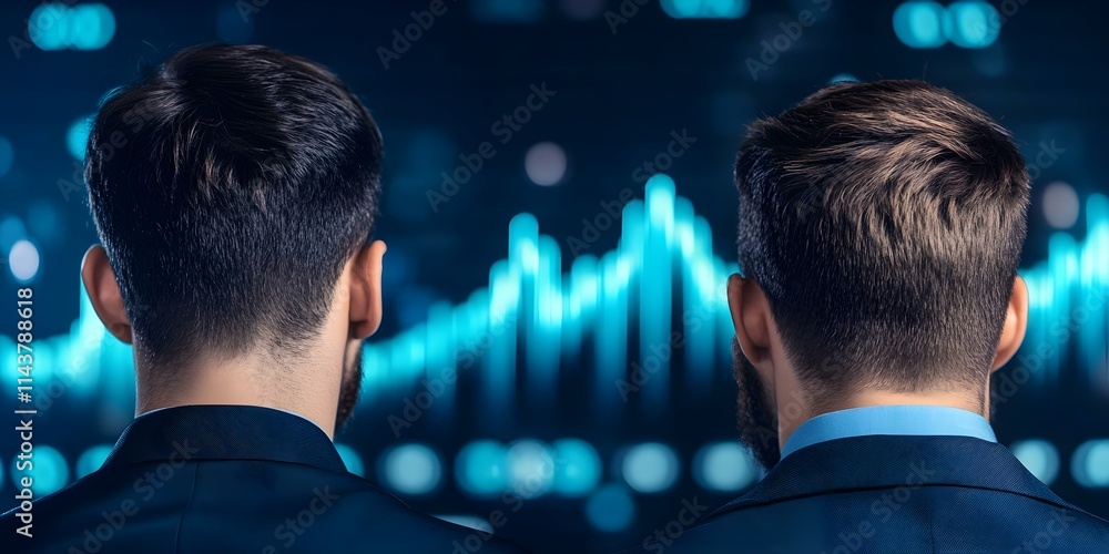 Poster two men in suits facing away from the camera, with a blue digital graph or data visualization in the