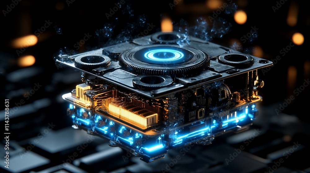 Poster a futuristic, glowing technological device with intricate circuitry and design.
