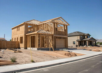 Obraz premium new house construction, A new house being built in the suburbs of Las Vegas. Here you can see the wooded frame taking the shape of the final house
