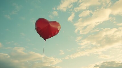 Obraz premium Heart-shaped balloon drifting into cloudy sky as a symbol of letting go of a relationship under soft light