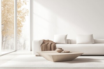 Modern minimalistic living room design featuring a spacious white sofa, elegant wooden coffee table, and large windows allowing natural light and serene outdoor views.