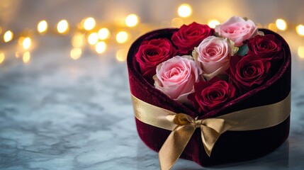 Luxurious heart-shaped gift box with roses and gold ribbon