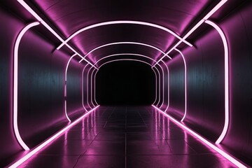 purple neon lights in a dark tunnel with a black background