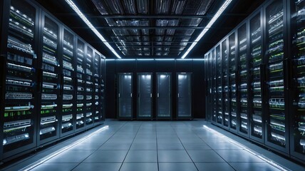 Data centers filled with rows and rows of servers as blinking light indicate constant processing, high detail, cinematic angle composition
