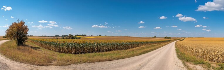 Breathtaking panorama of Loup Rivers Scenic Byway showcasing Nebraska's golden fields under a bright blue sky