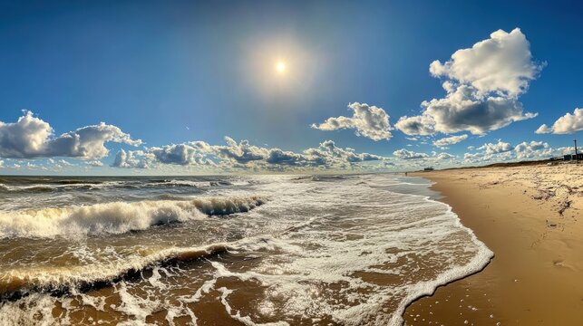 Breathtaking panorama of Fenwick Island beach with golden sands and vibrant waves under a sunny sky