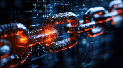high resolution image of secure blockchain chain link, showcasing digital technology and data security. glowing links represent connectivity and innovation in digital world