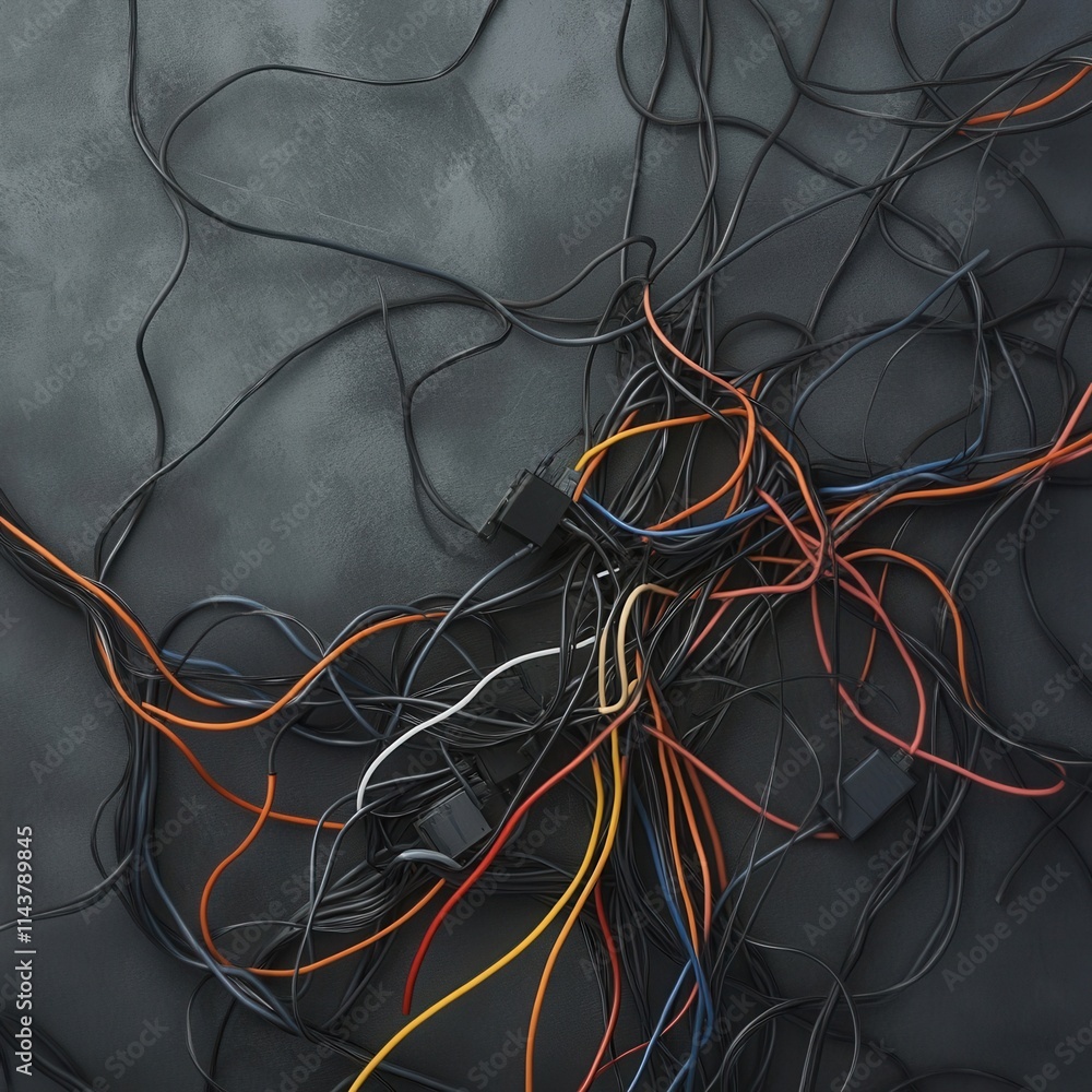 Poster tangled network cables and wires on dark surface creating abstract composition of potential chaos an