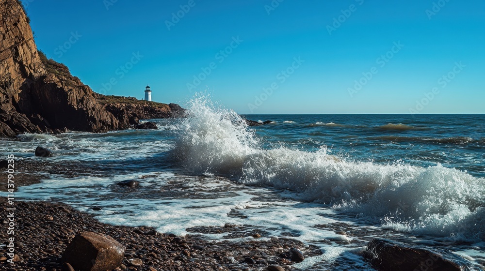 Poster serene shores of montauk point with rugged cliffs and crashing waves under a clear blue sky