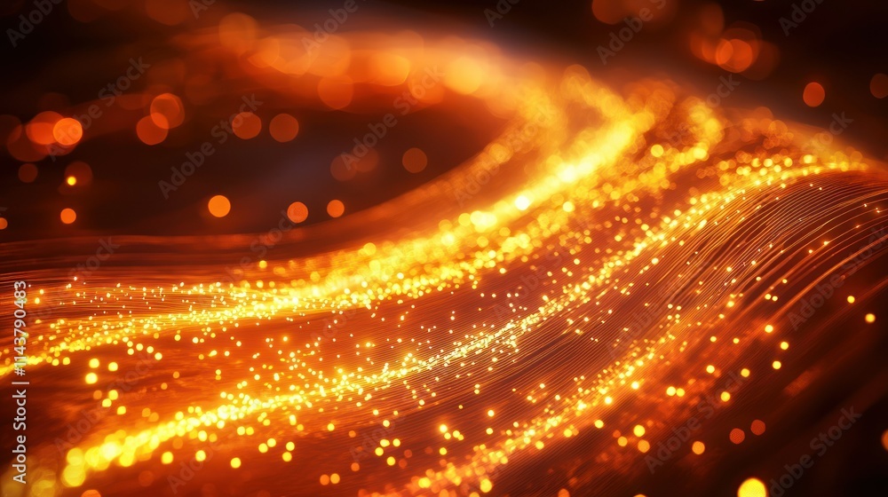 Poster abstract glowing waves with shimmering particles.