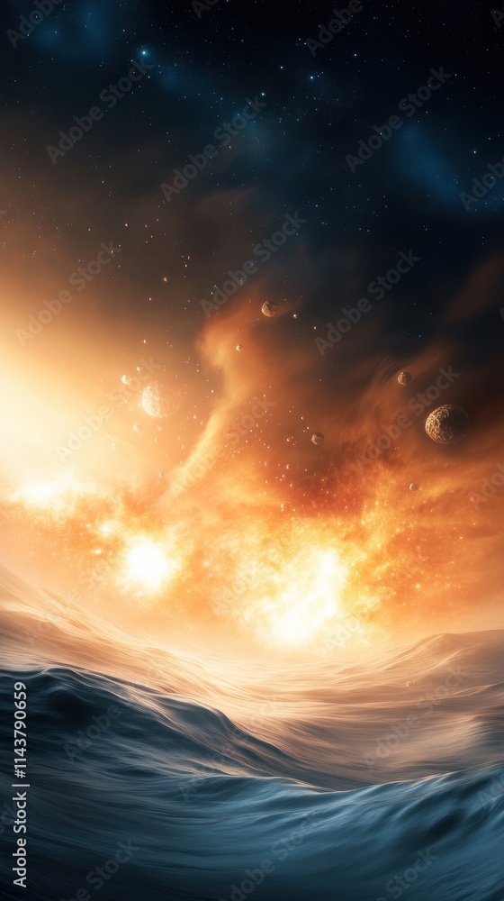 Poster cosmic explosion over ocean waves: a breathtaking scene of celestial events merging with earthly hor