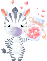 Watercolor Zebra Holding Heart Jar