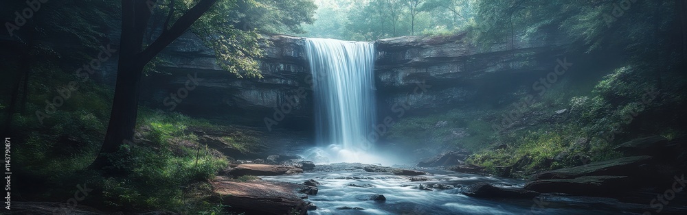 Poster serene noccalula falls in gadsden showcases cascading water amidst lush greenery in a tranquil setti