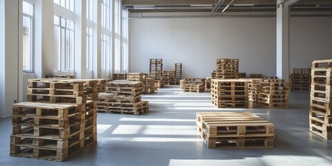 A collection of wooden pallets showcased in a factory setting, highlighting the versatility and functionality of wooden pallets in industrial applications and logistics.