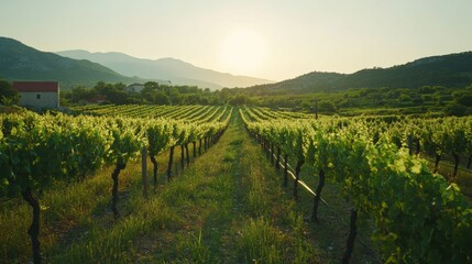 Fototapeta premium Quiet morning in a vineyard bathed in sunlight near the Montenegrin countryside