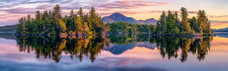 Fototapeta premium Serene sunset over Moosehead Lake with reflections of forests and mountains in tranquil waters
